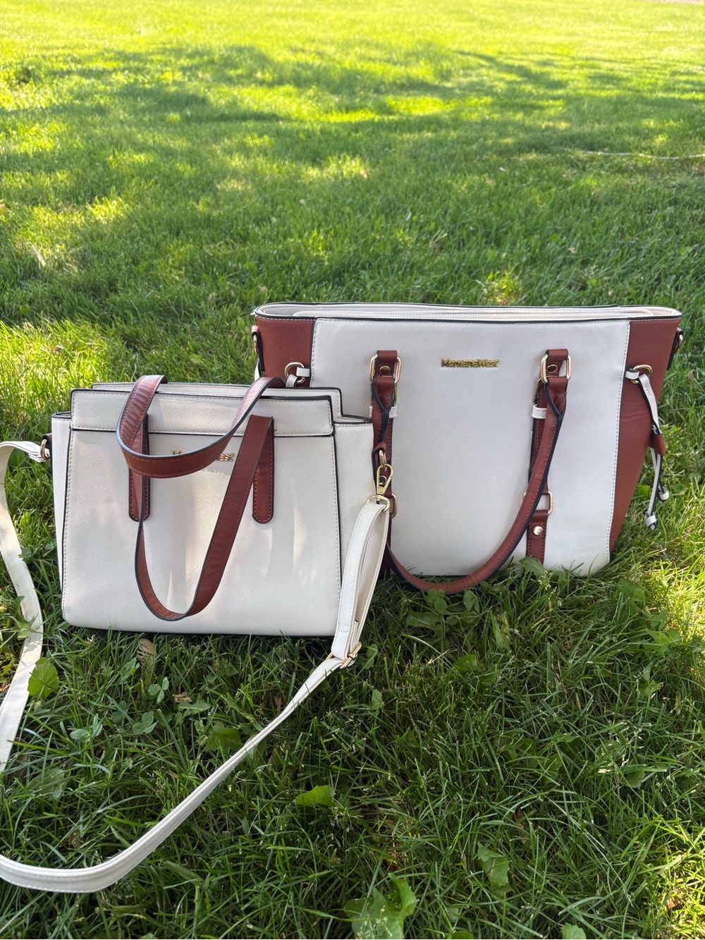 White and Brown Two-Tone Tote Bag Set Montana West Ranch Western Classy